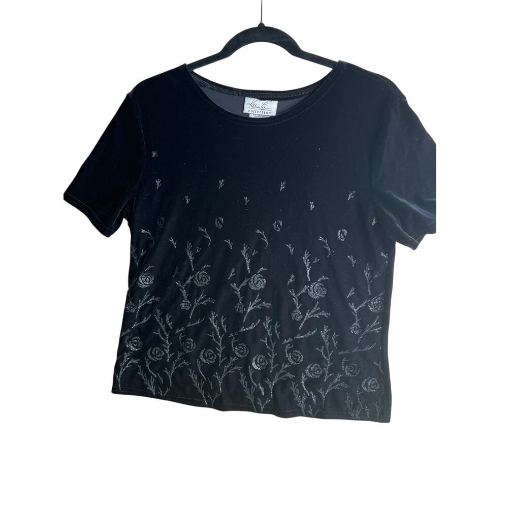 Kathie Lee Women's Glitter Floral Embroidered Velvet Top Black Size M NEW